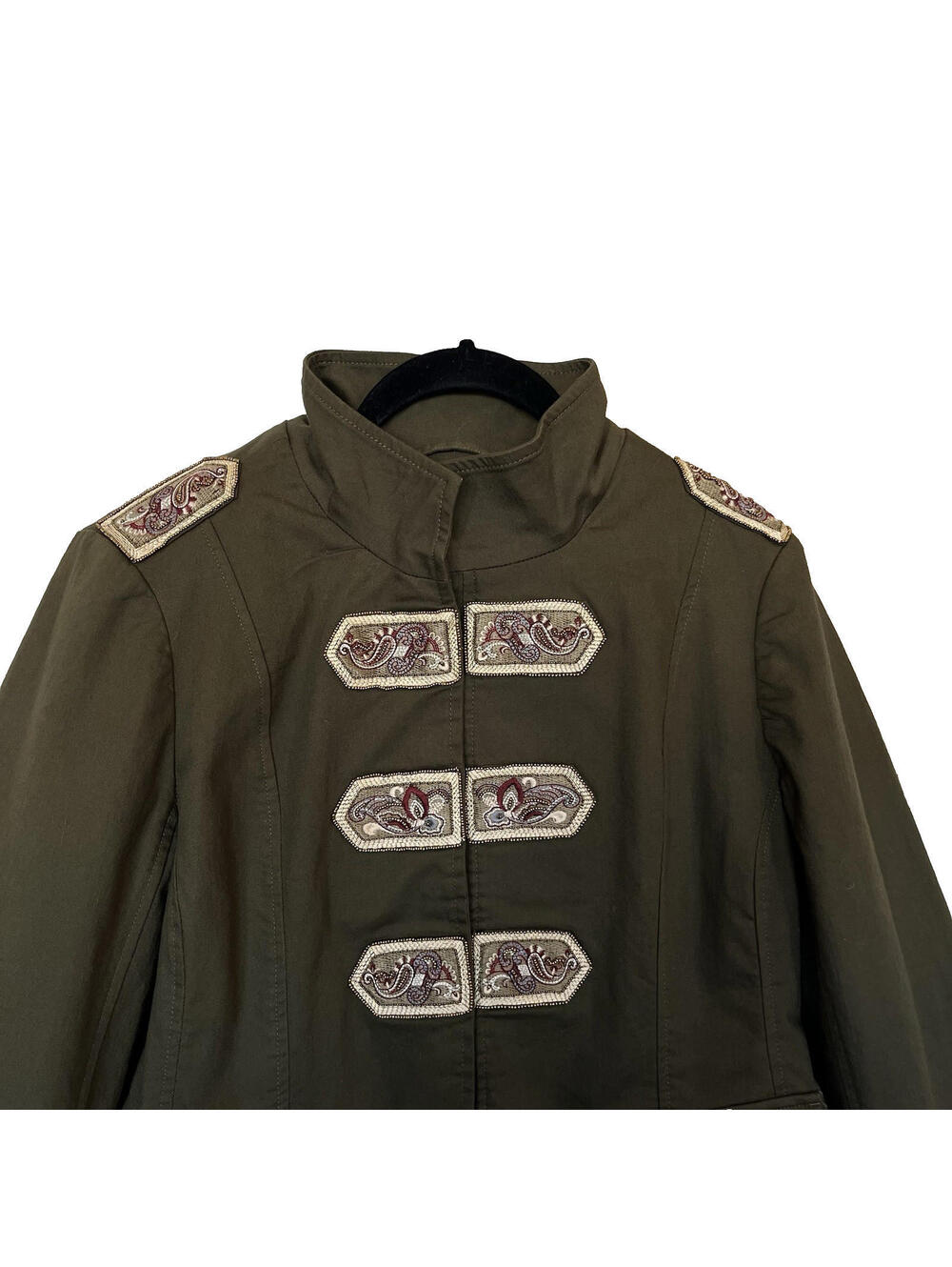Chico's Jacket Beaded Band Military Womens Size: 1 (8-10)Frog Closure Green - Picture 4 of 9